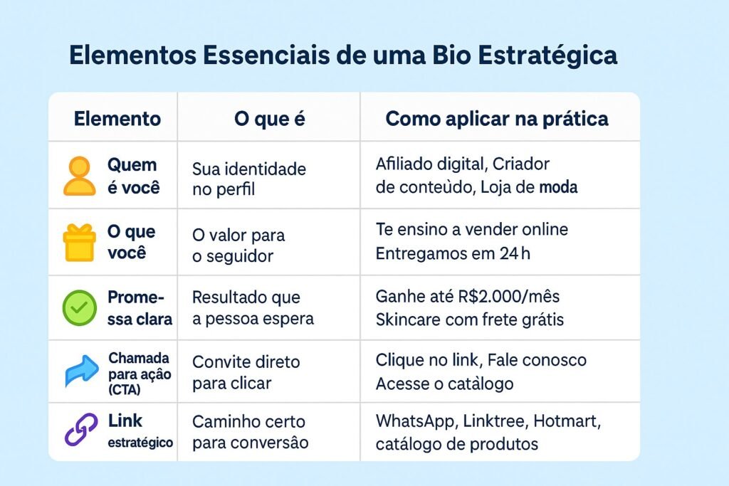 Infográfico em português com ícones coloridos e tabela explicando como montar uma bio estratégica, destacando identidade, valor, promessa, chamada para ação e link.