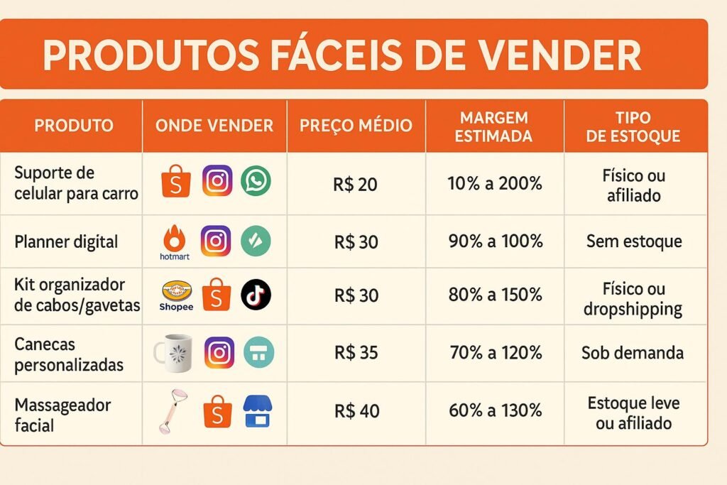 Infográfico com tabela mostrando onde vender, preço médio, margem estimada e tipo de estoque.
