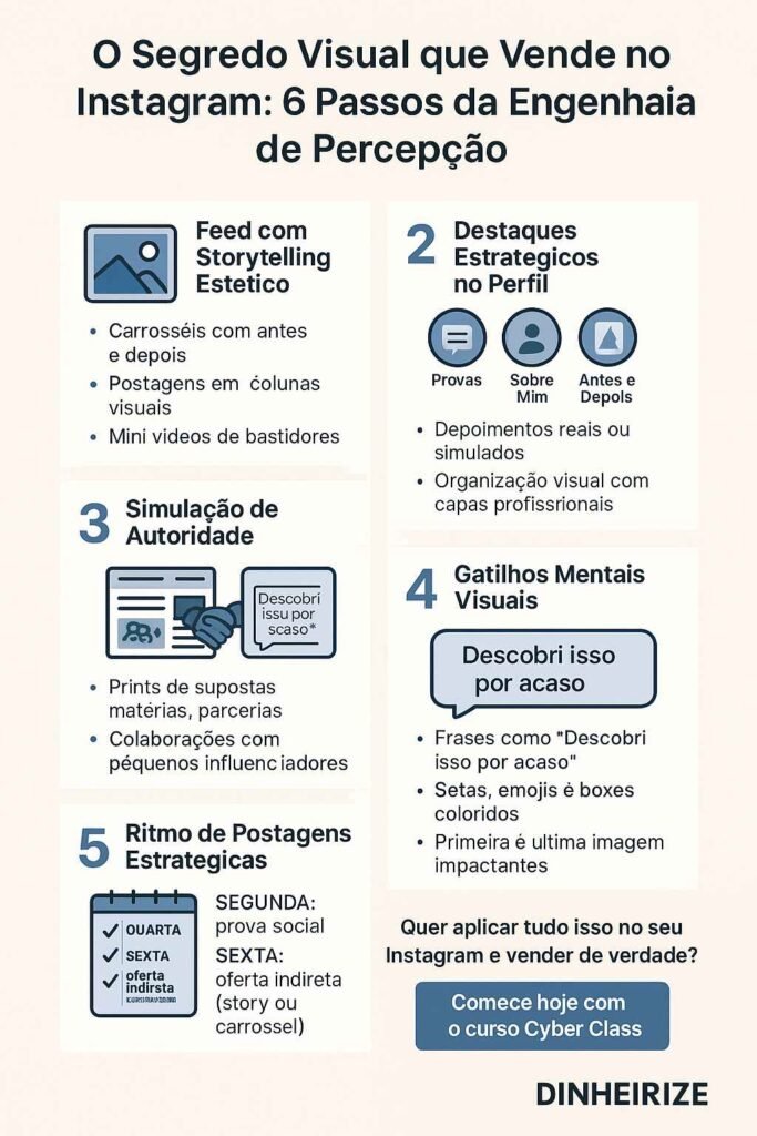 Infográfico com os 6 passos do segredo visual que vende no Instagram, incluindo storytelling estético, destaques estratégicos, gatilhos mentais visuais e ritmo de postagens para atrair e converter seguidores.