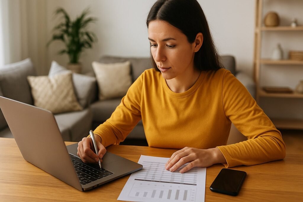 Mulher usando notebook e celular enquanto analisa uma planilha de orçamento em casa, em ambiente calmo e realista.