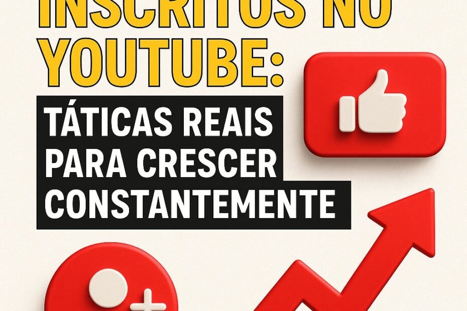 Imagem ilustrativa sobre como conseguir inscritos no YouTube com táticas reais e crescimento constante, destacando o tema com ícones visuais.