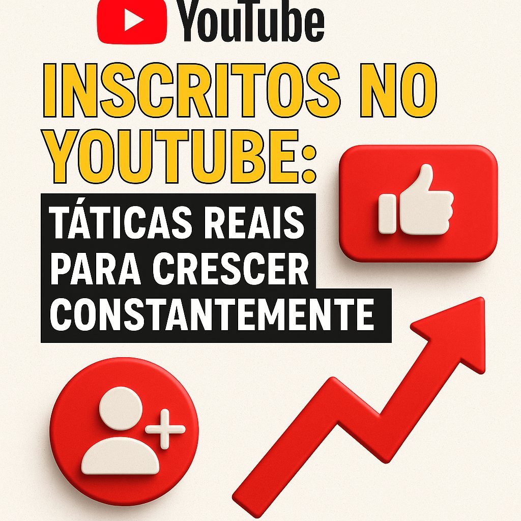 Imagem ilustrativa sobre como conseguir inscritos no YouTube com táticas reais e crescimento constante, destacando o tema com ícones visuais.