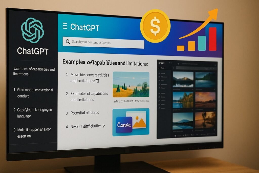 Tela com ChatGPT e Canva abertos em um computador, ilustrando o uso de inteligência artificial e ferramentas digitais para ganhar dinheiro na internet.