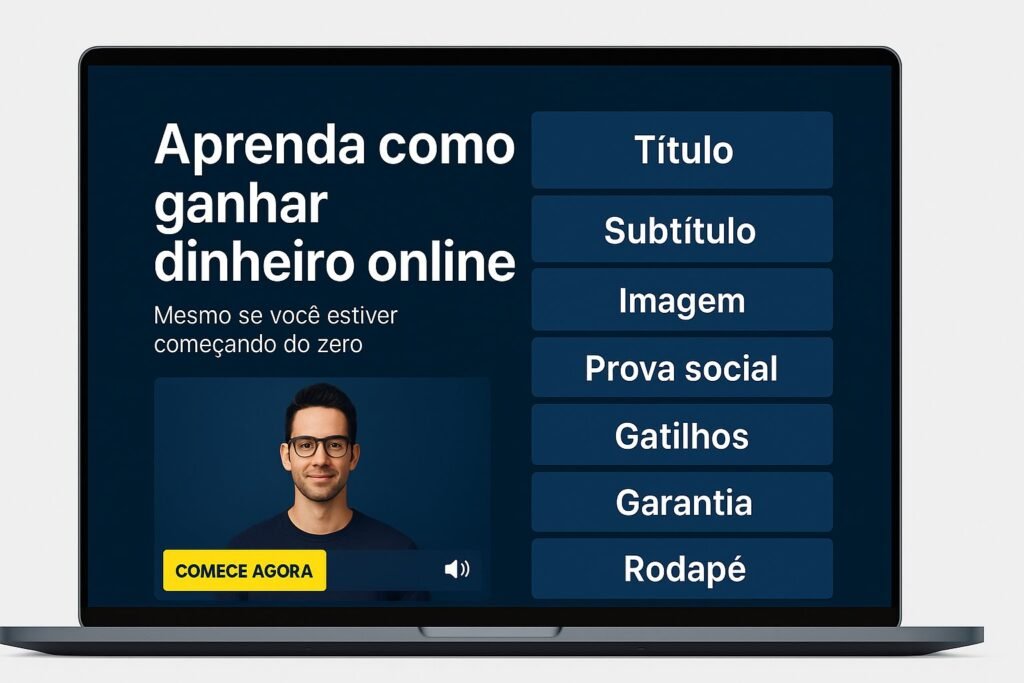 Mockup de uma landing page que vende em português com título “Aprenda como ganhar dinheiro online”, vídeo com apresentador, botão amarelo “COMECE AGORA” e blocos laterais com os elementos essenciais da página.