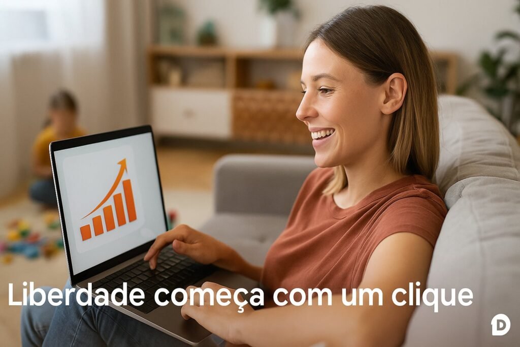 Mulher sorrindo em casa enquanto usa o notebook com gráfico de crescimento na tela, com criança brincando ao fundo em ambiente calmo.