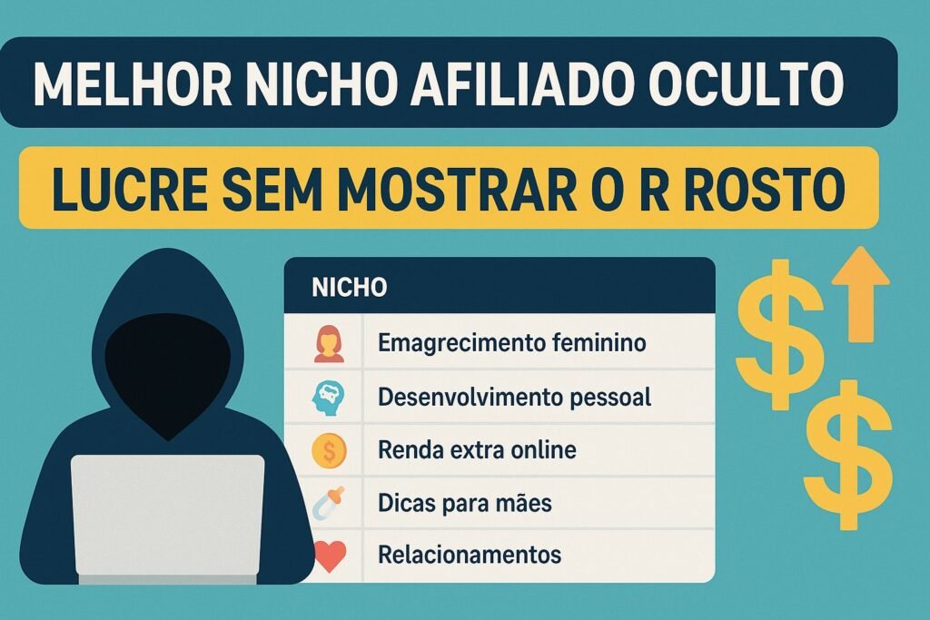 Melhor nicho afiliado oculto representado por tabela de ideias lucrativas para quem quer vender sem mostrar o rosto