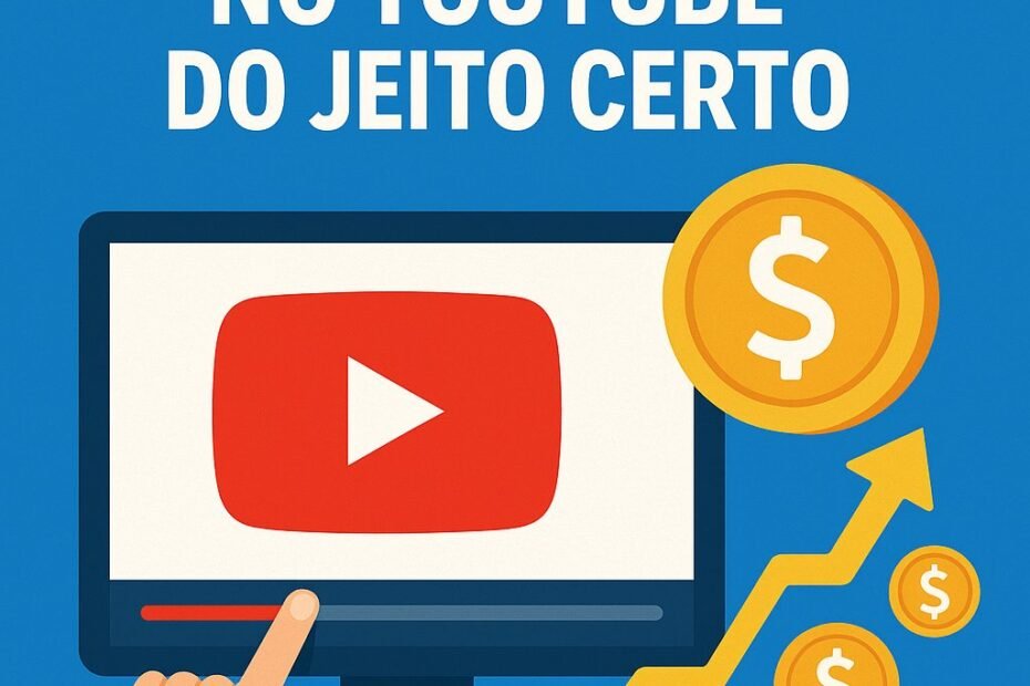 Imagem ilustrativa sobre como monetizar vídeo no YouTube do jeito certo, com ícones de crescimento financeiro e símbolo do YouTube.