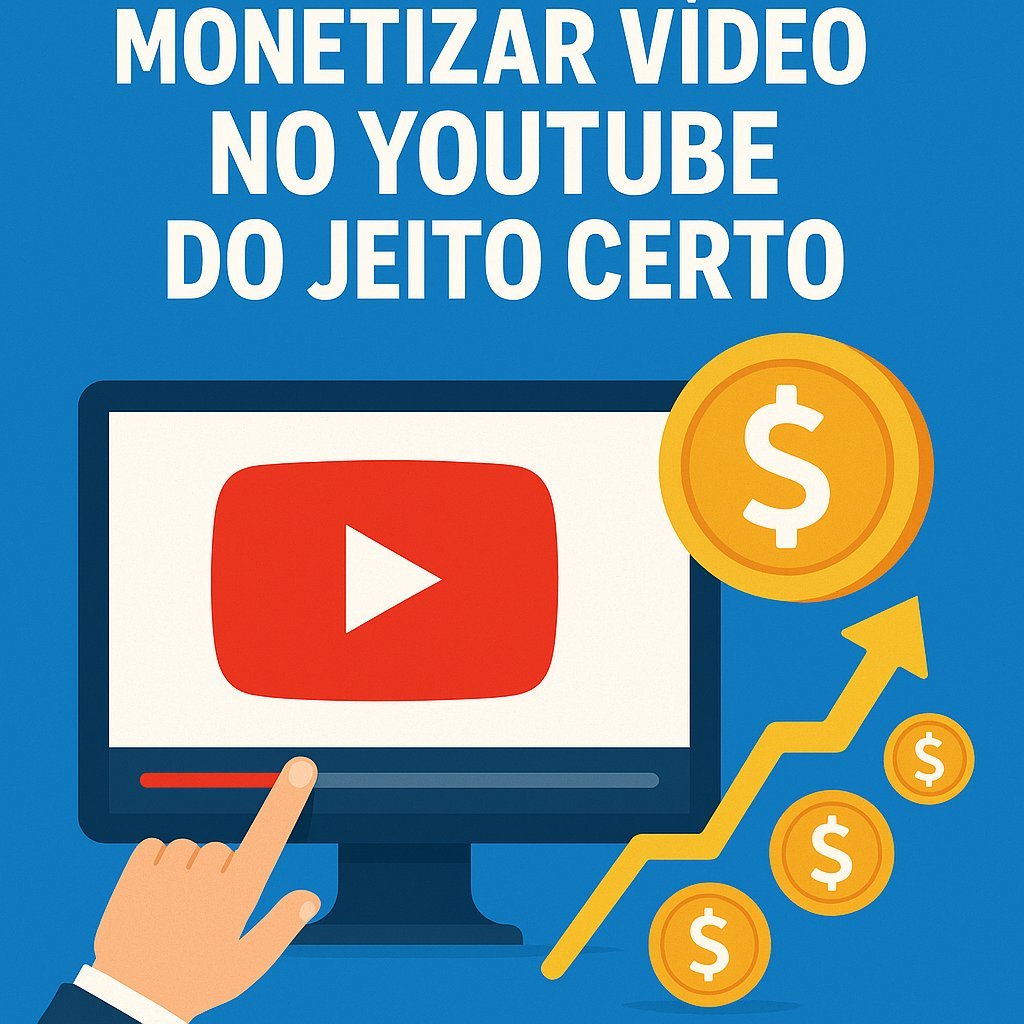Imagem ilustrativa sobre como monetizar vídeo no YouTube do jeito certo, com ícones de crescimento financeiro e símbolo do YouTube.