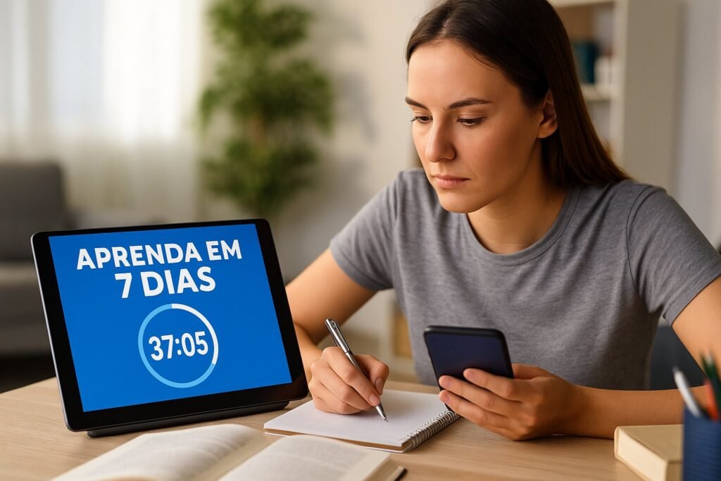 Pessoa estudando com celular e tablet em casa, focada em aprender de forma prática dentro dos nichos lucrativos em 2025.