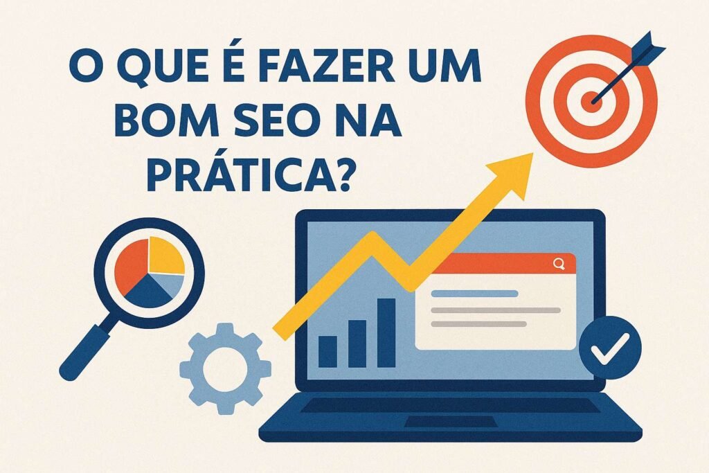 O que é fazer um bom SEO na prática, ilustrado com gráficos, laptop e ícones de otimização, representando estratégias aplicáveis no dia a dia.