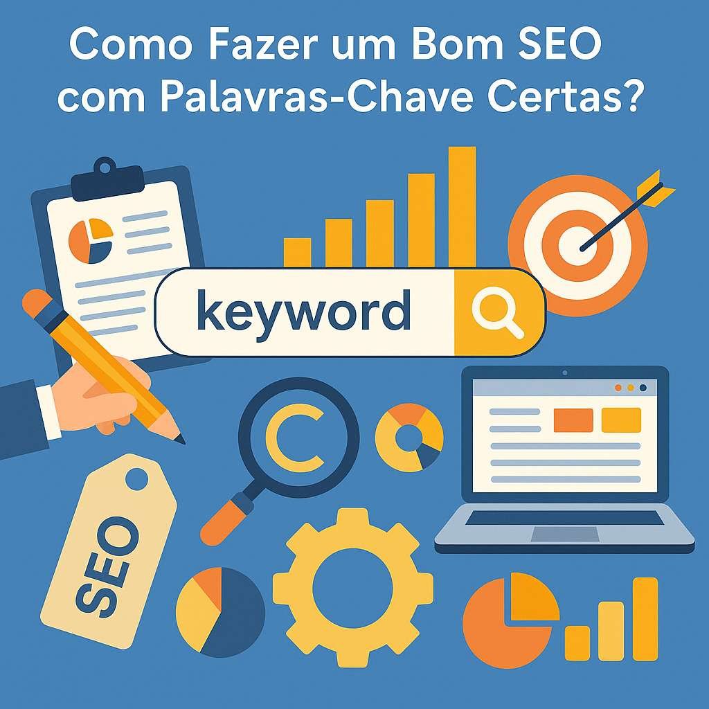 Ilustração com gráficos, lupa, engrenagem e elementos de pesquisa, representando estratégias digitais baseadas em análise de dados.