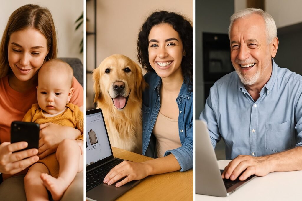 Montagem com três perfis diferentes usando tecnologia: mãe com bebê no celular, jovem com cachorro em frente à loja online, e aposentado sorrindo com notebook.
