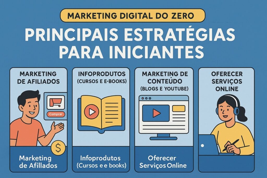 Infográfico apresentando estratégias para iniciantes começarem a ganhar dinheiro online, incluindo marketing de afiliados, criação de infoprodutos, produção de conteúdo para blogs e YouTube, e oferta de serviços digitais.