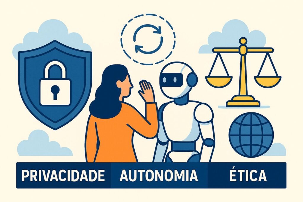 Ilustração representando privacidade, autonomia e ética na inteligência artificial, com escudo de cadeado, robô interagindo com humano e balança da justiça, destacando os principais pilares éticos no uso da IA.