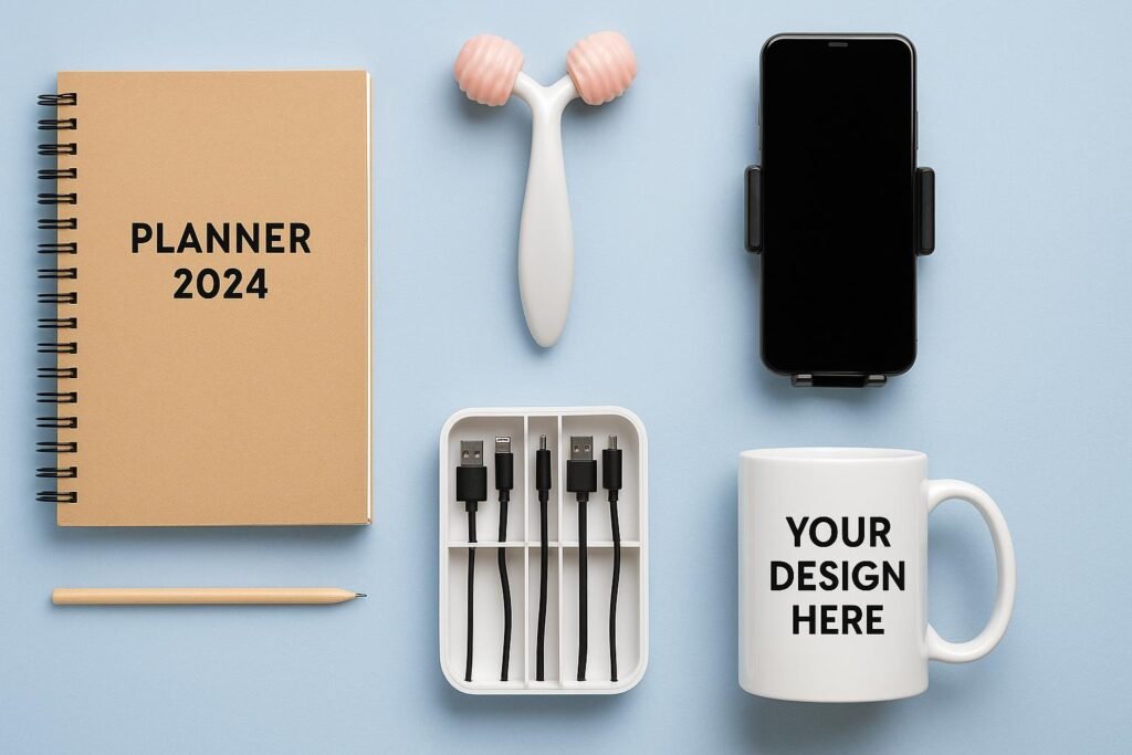 Vitrine com produtos fáceis de vender como planner, suporte de celular, caneca personalizada e massageador facial.