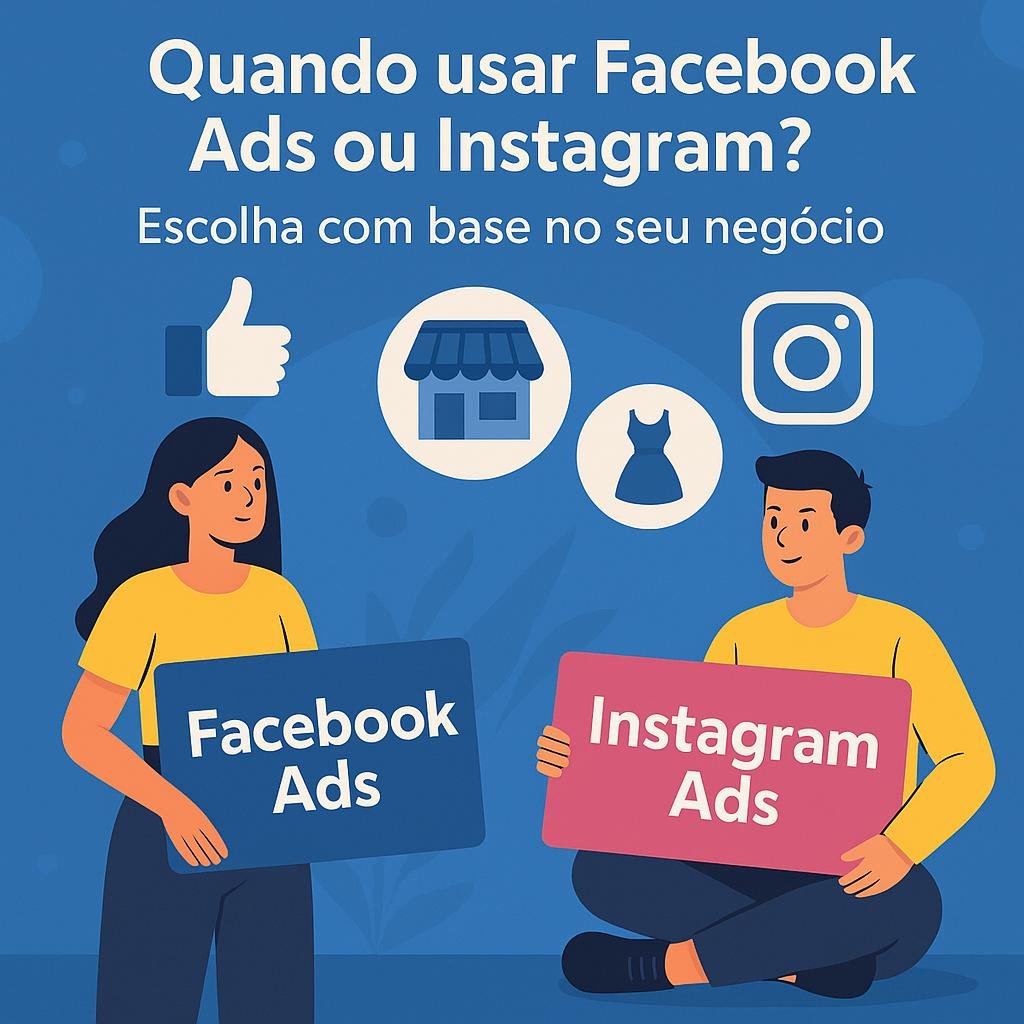 Imagem ilustrativa com a pergunta “Quando usar Facebook Ads ou Instagram?”, mostrando como escolher com base no tipo de negócio.