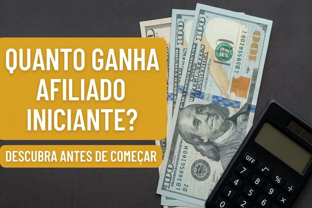 Quanto ganha afiliado iniciante por mês — visual com cédulas e calculadora representando ganhos iniciais no marketing de afiliados