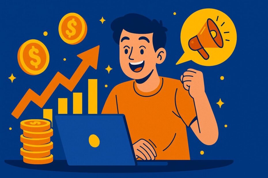 Ilustração vibrante representando a frase foco “Como ser afiliado de sucesso”, com um jovem animado trabalhando no notebook, ao fundo ícones de dinheiro, gráfico de crescimento e megafone, simbolizando ganhos no marketing digital.