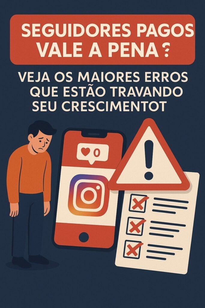 Imagem ilustrativa sobre seguidores pagos vale a pena, destacando visualmente os maiores erros que travam o crescimento no Instagram, com alerta de atenção e checklist de falhas.