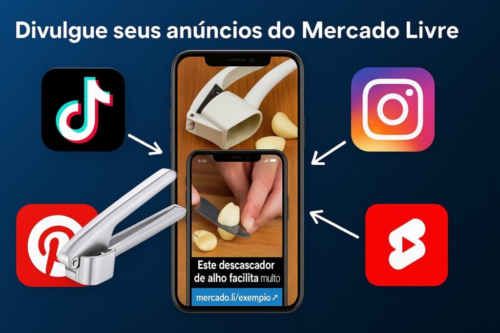 Infográfico mostrando divulgação de produto no celular com links de TikTok, Instagram, Pinterest e YouTube Shorts apontando para anúncios.