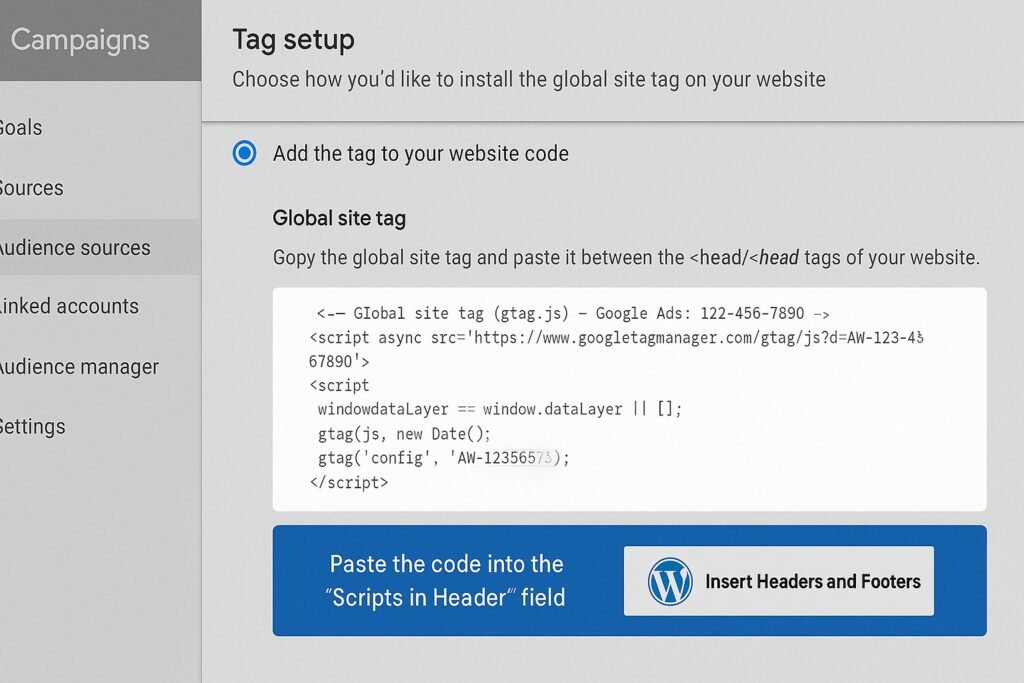 Configuração da tag de Remarketing Google Ads com instruções para inserção no WordPress