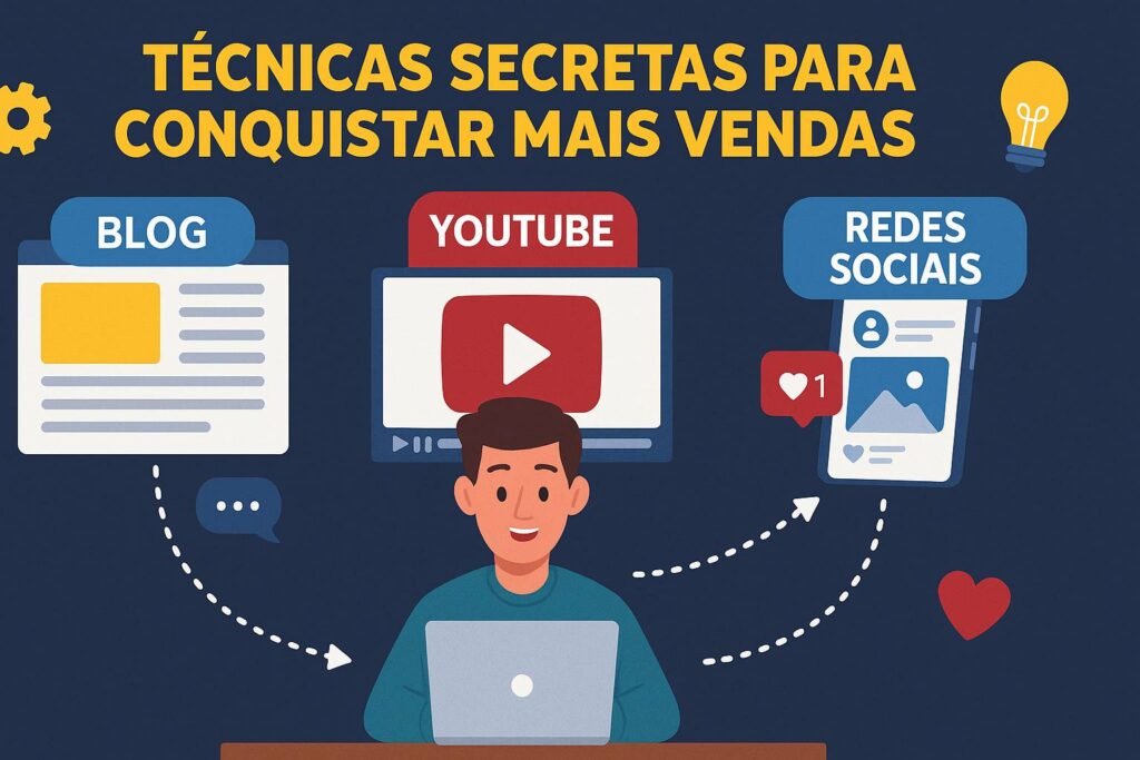 Infográfico ilustrativo sobre técnicas secretas para vendas como Amazon Afiliado de Sucesso, mostrando integração entre blog, YouTube e redes sociais.
