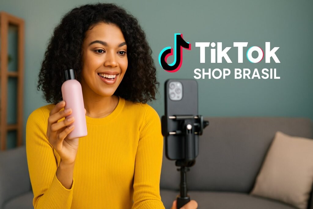 Mulher gravando vídeo para divulgar produto na TikTok Shop Brasil com celular e frasco de cosmético em casa
