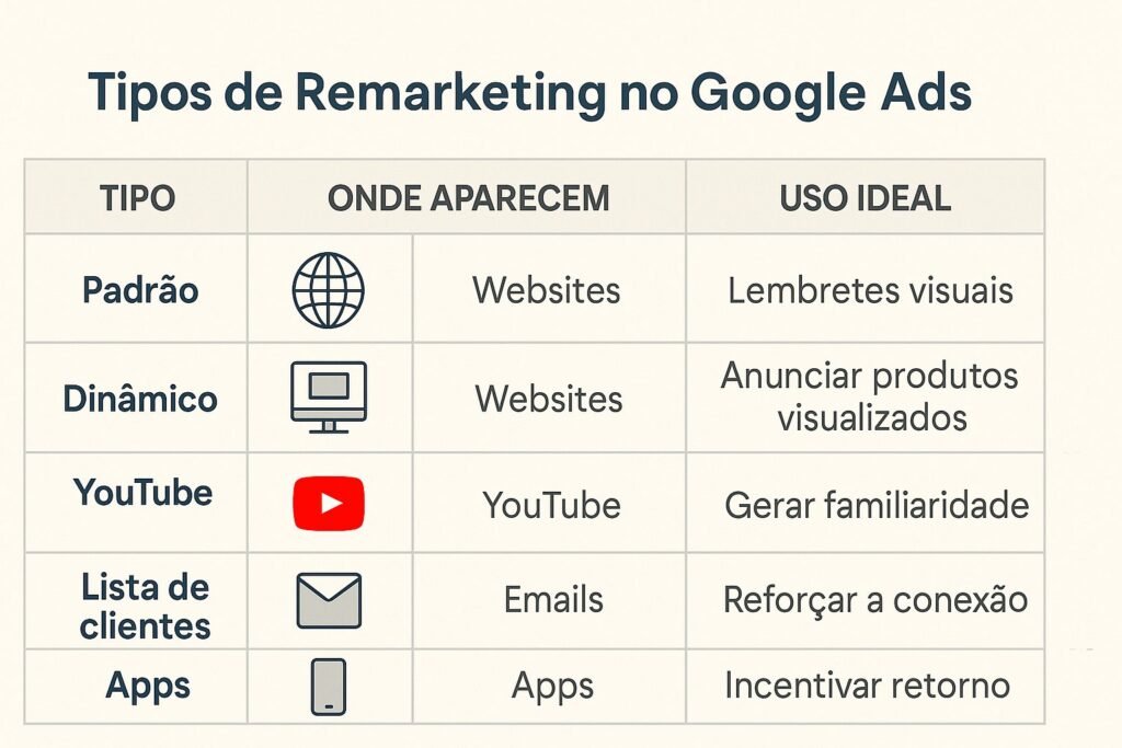 Infográfico comparativo dos tipos de Remarketing Google Ads e seus usos ideais.