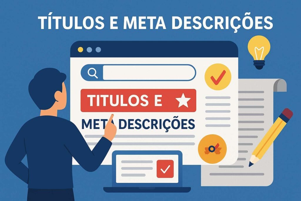 Ilustração mostrando uma pessoa otimizando resultados de busca, com destaque para títulos atrativos, marcações de verificação e ideias criativas.