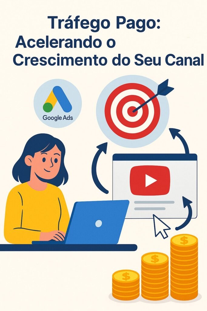 Ilustração mostrando uma mulher usando o computador, com ícones do Google Ads, alvo de marketing e pilhas de moedas, simbolizando o crescimento com tráfego pago.