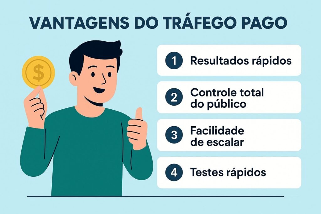 Infográfico ilustrando as principais vantagens do tráfego pago, como resultados rápidos, segmentação e escalabilidade.