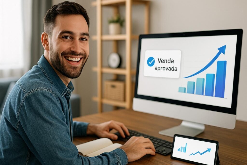 Homem sorrindo em home office após receber notificação de venda aprovada, com gráfico de desempenho na tela