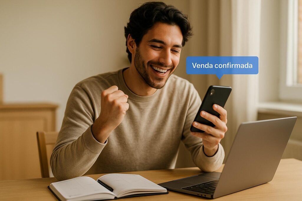 Homem sorrindo ao ver uma notificação de venda confirmada no celular, com notebook e planner sobre a mesa em ambiente iluminado.