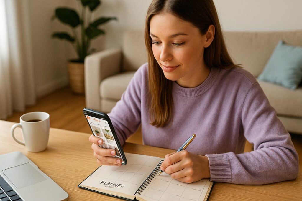 Pessoa com um celular, xícara ao lado, notebook anotando planos de vendas.