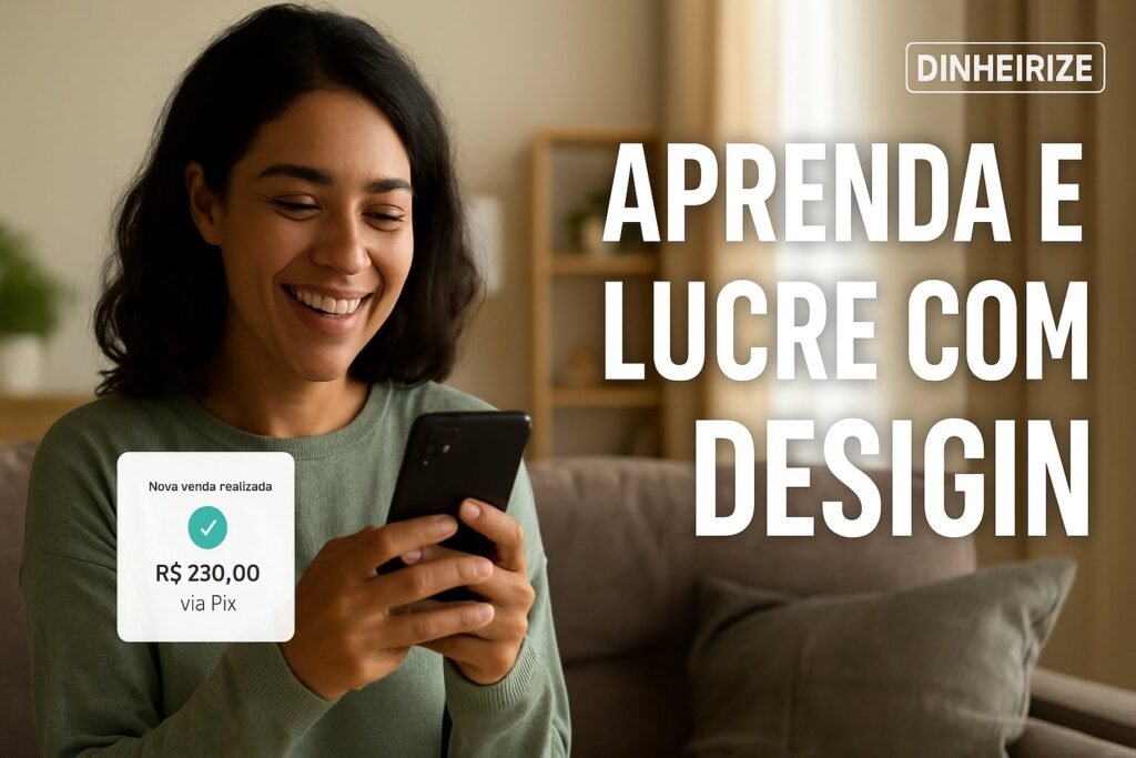 Mulher sorrindo ao receber notificação de venda no celular, em ambiente doméstico aconchegante.