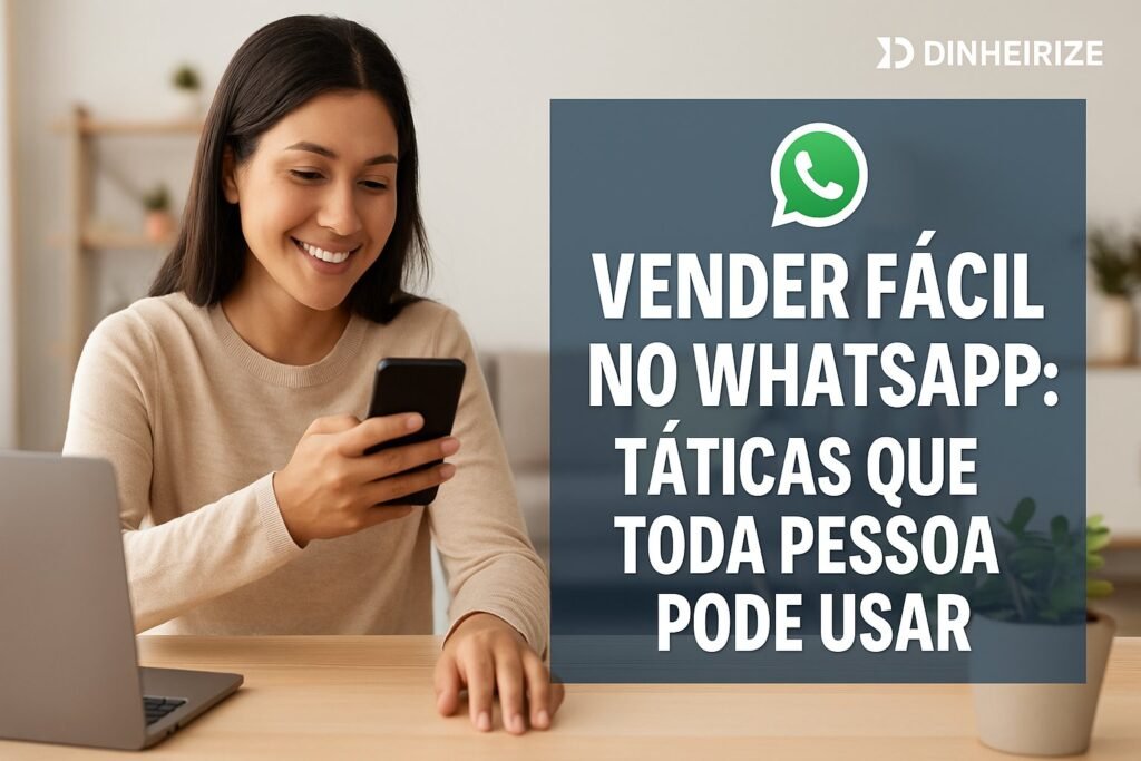 Mulher usando celular sorridente enquanto vende fácil no WhatsApp com estratégias simples e acessíveis.