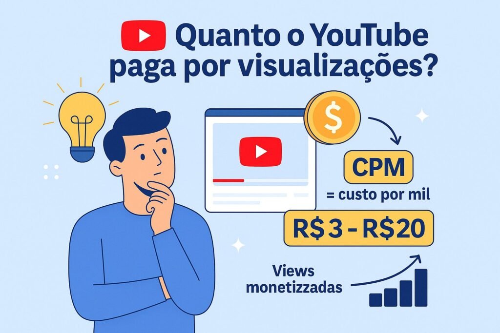 Infográfico ilustrativo sobre monetizar vídeo no YouTube do jeito certo, explicando quanto se ganha por visualizações e como funciona o CPM.