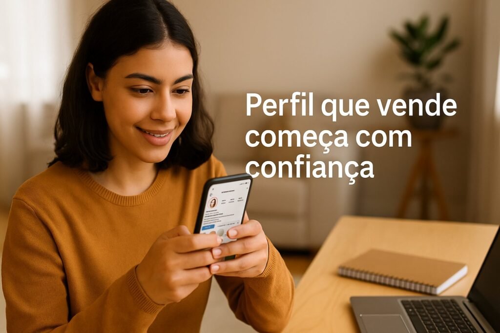 Mulher brasileira olhando o celular com o feed do Instagram aberto, transmitindo confiança visual no Instagram em um ambiente profissional e acolhedor.