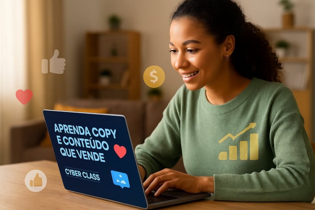 Mulher jovem estudando copywriting em um curso online, com elementos visuais de engajamento e vendas ao fundo, em ambiente doméstico confortável.