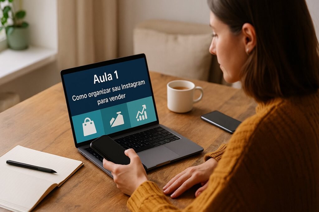 Mulher assistindo aula prática no notebook com título “Aula 1 – Como organizar seu Instagram para vender”, em um ambiente caseiro com celular, caderno e xícara sobre a mesa.
