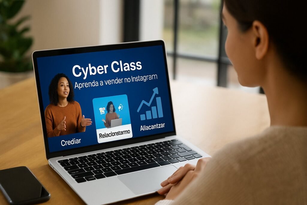 Mulher assistindo aula prática online em notebook com a tela exibindo Cyber Class e elementos gráficos de vendas e crescimento.