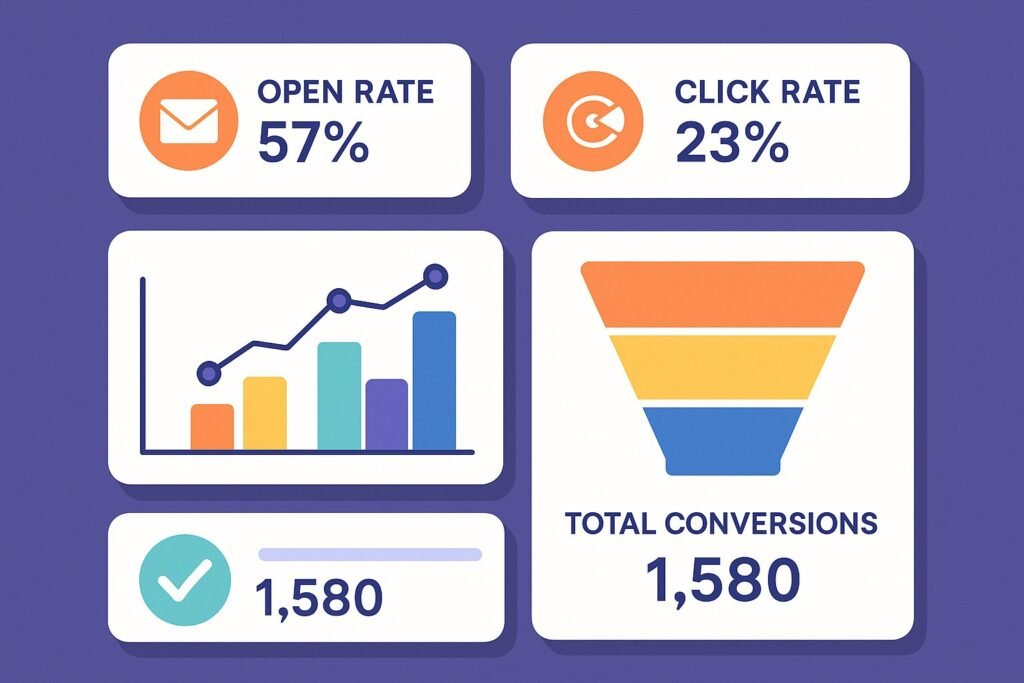 Painel com indicadores visuais de marketing digital, incluindo taxa de abertura, taxa de cliques, conversões totais e funil de vendas representado graficamente.