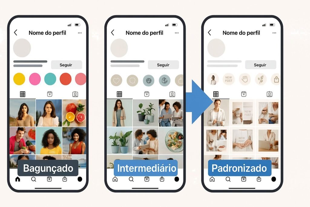Comparação visual entre três feeds do Instagram, ilustrando como a confiança visual no Instagram evolui de um perfil bagunçado para um layout padronizado e profissional.