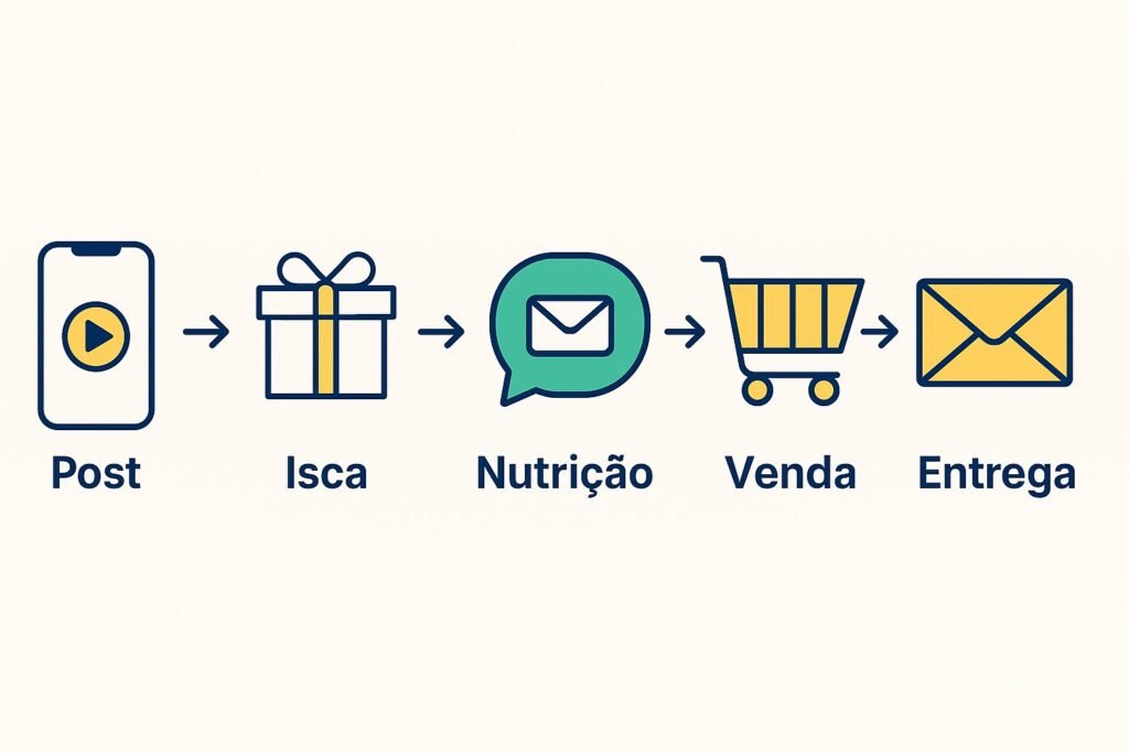 Fluxograma representando cada etapa usada para automatizar vendas com IA em 2025, desde o post até a entrega do produto.
