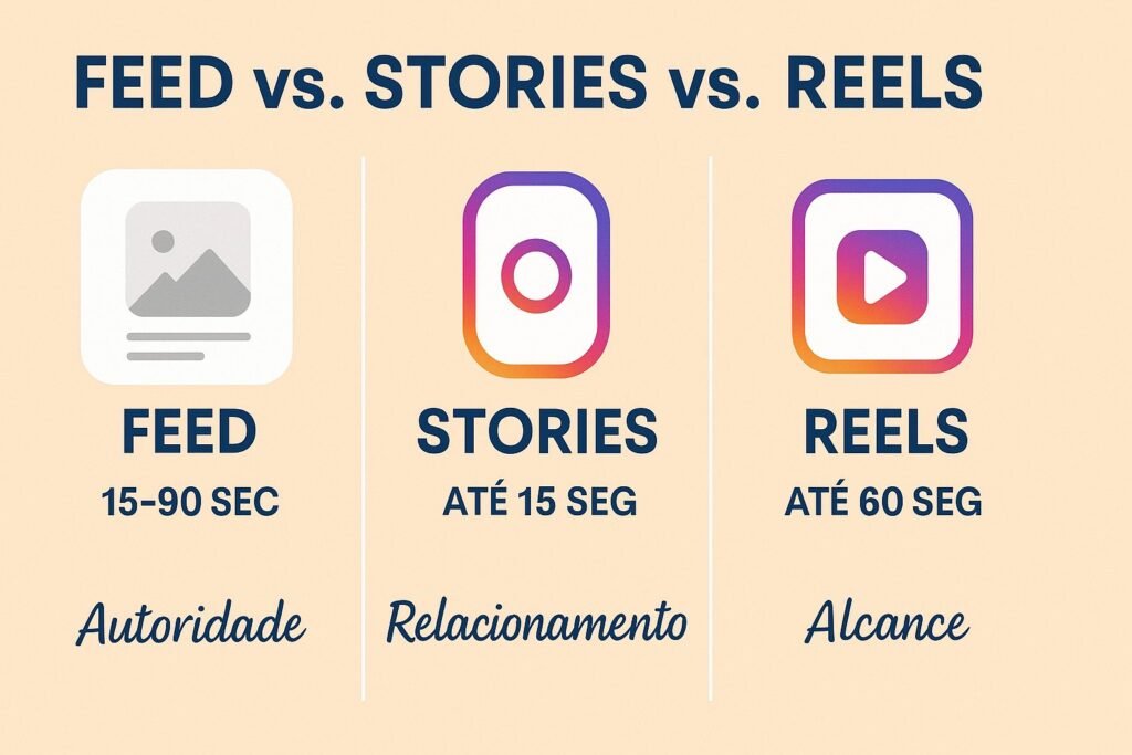 Infográfico comparando Feed, Stories e Reels do Instagram, com ícones, tempos de duração e objetivos principais de cada formato.