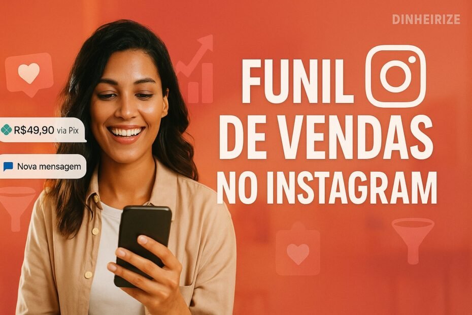 Mulher brasileira sorrindo enquanto olha o celular, representando notificações de venda e o Funil de Vendas no Instagram.