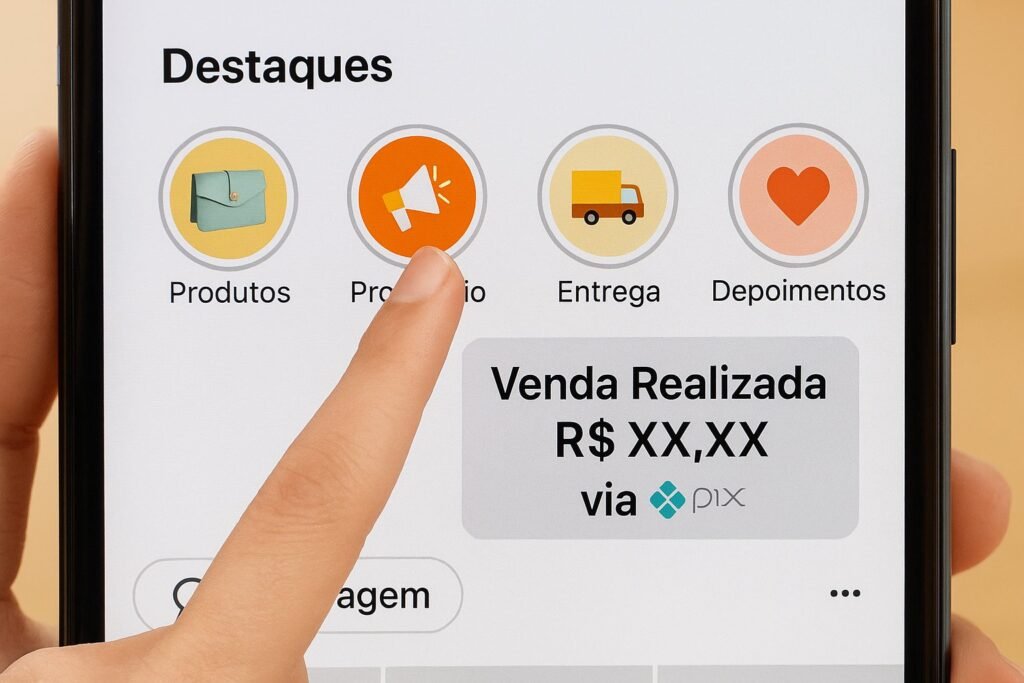 Pessoa tocando no destaque “Promoção” enquanto recebe notificação de venda via Pix no celular.