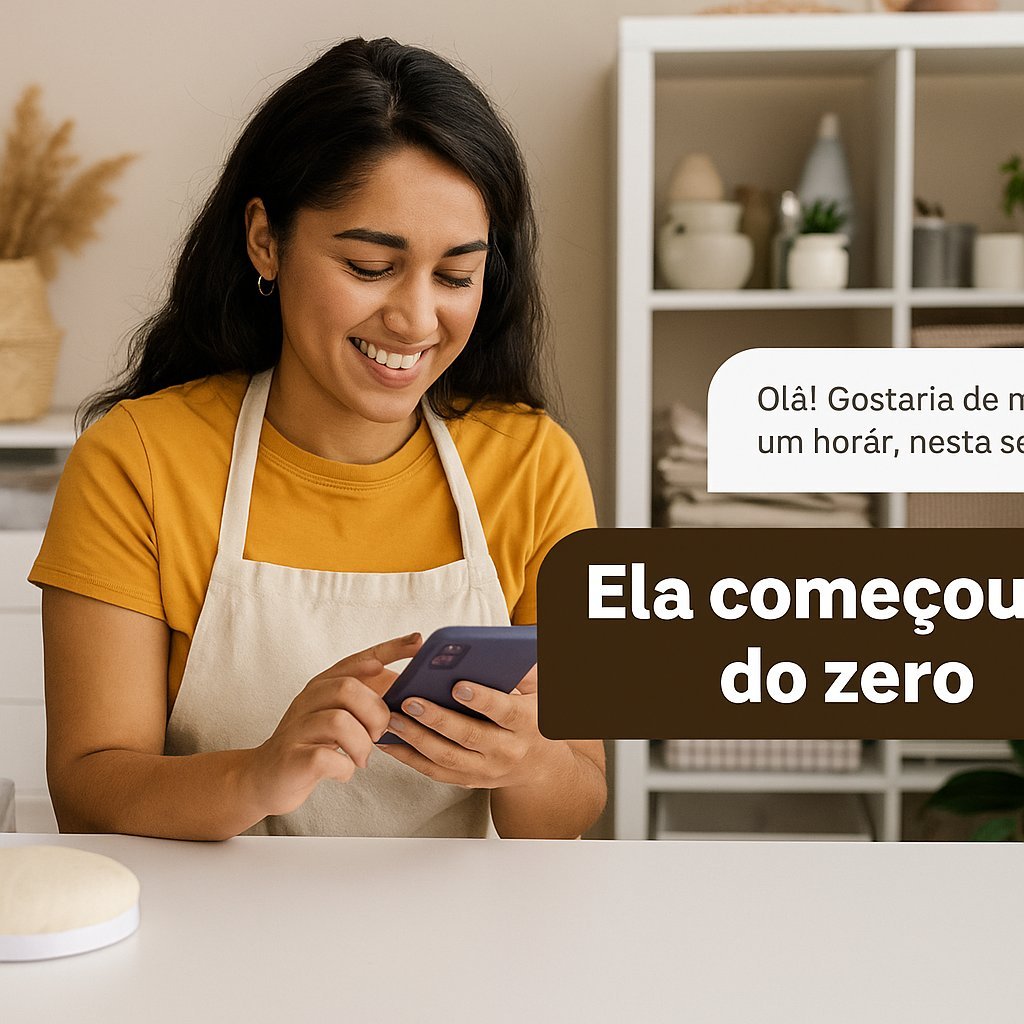 Mulher sorrindo enquanto responde clientes pelo celular em um espaço organizado com objetos de trabalho artesanal
