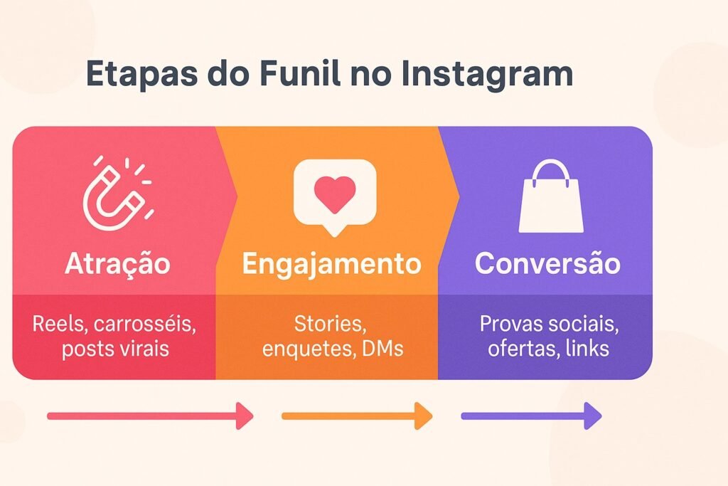 Etapas do Funil de Vendas no Instagram representadas com ícones e cores para atração, engajamento e conversão.