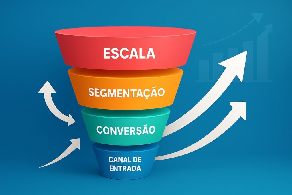Gráfico de funil colorido com quatro etapas: canal de entrada, conversão, segmentação e escala, representando crescimento gradual dos resultados.